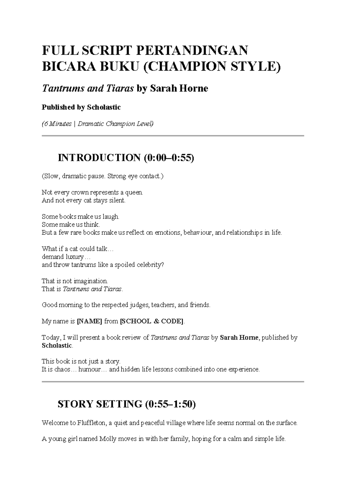 FULL SCRIPT PERTANDINGAN BICARA BUKU: Tantrums and Tiaras Review - Studocu