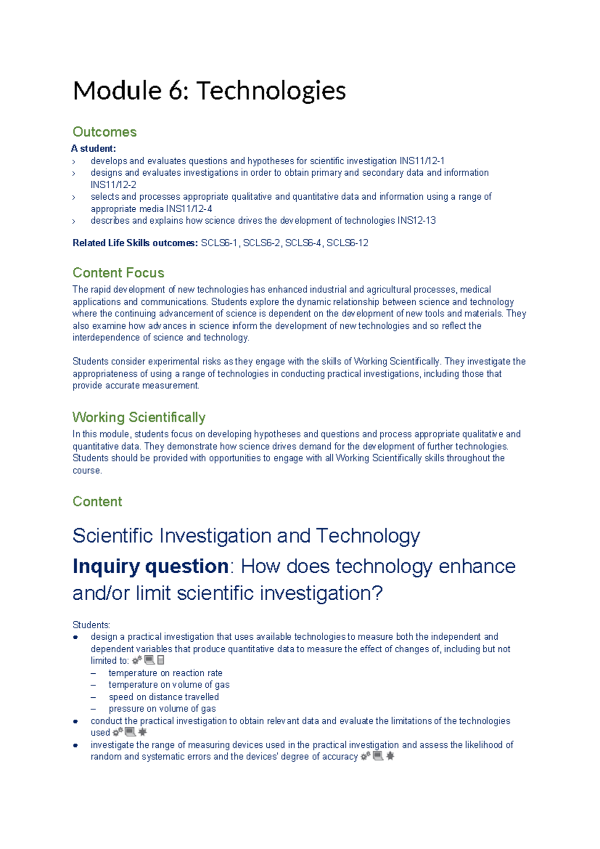 Mod 6 Notes Investigating Science - Module 6: Technologies Outcomes A ...