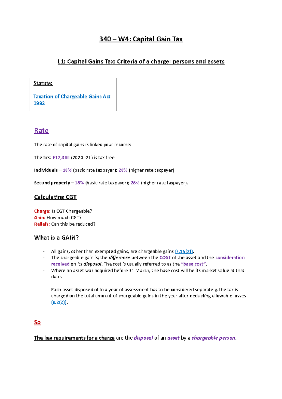 340 – W4: Comprehensive Notes on Capital Gains Tax Criteria and ...