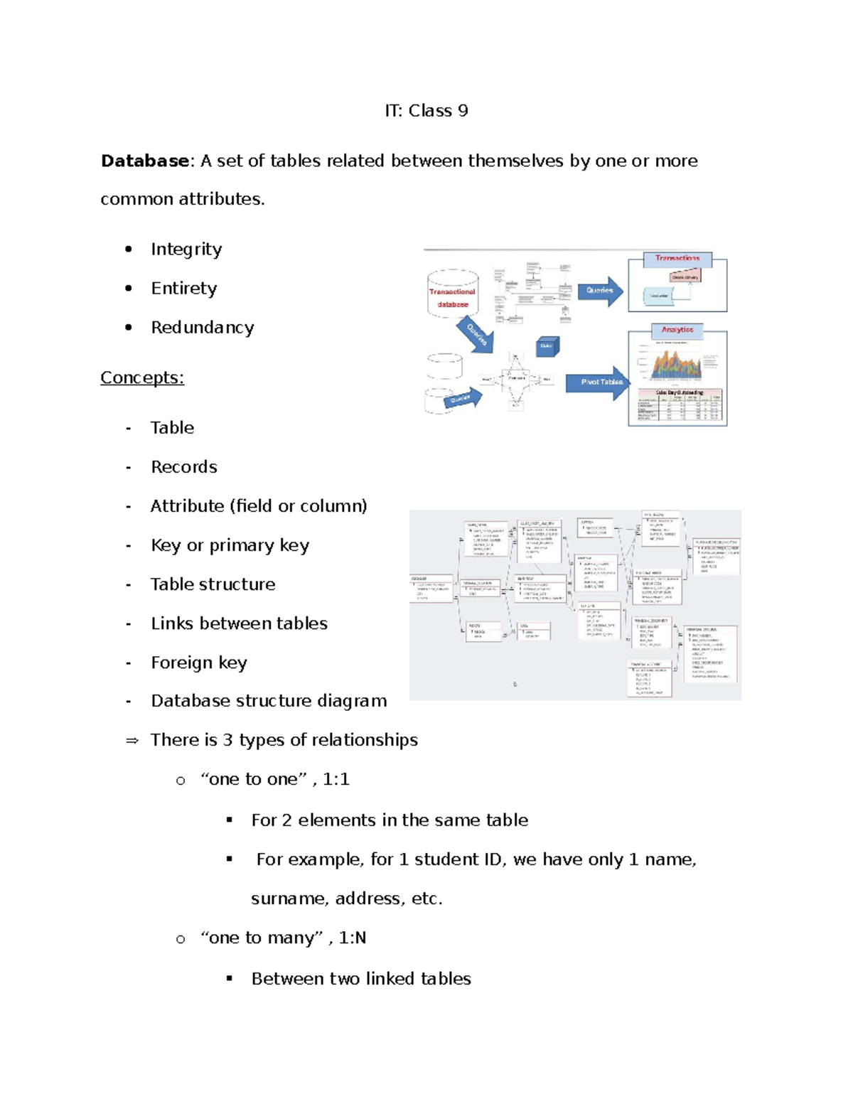 IT: Class 9 Database Concepts and Relationships Overview - Studocu