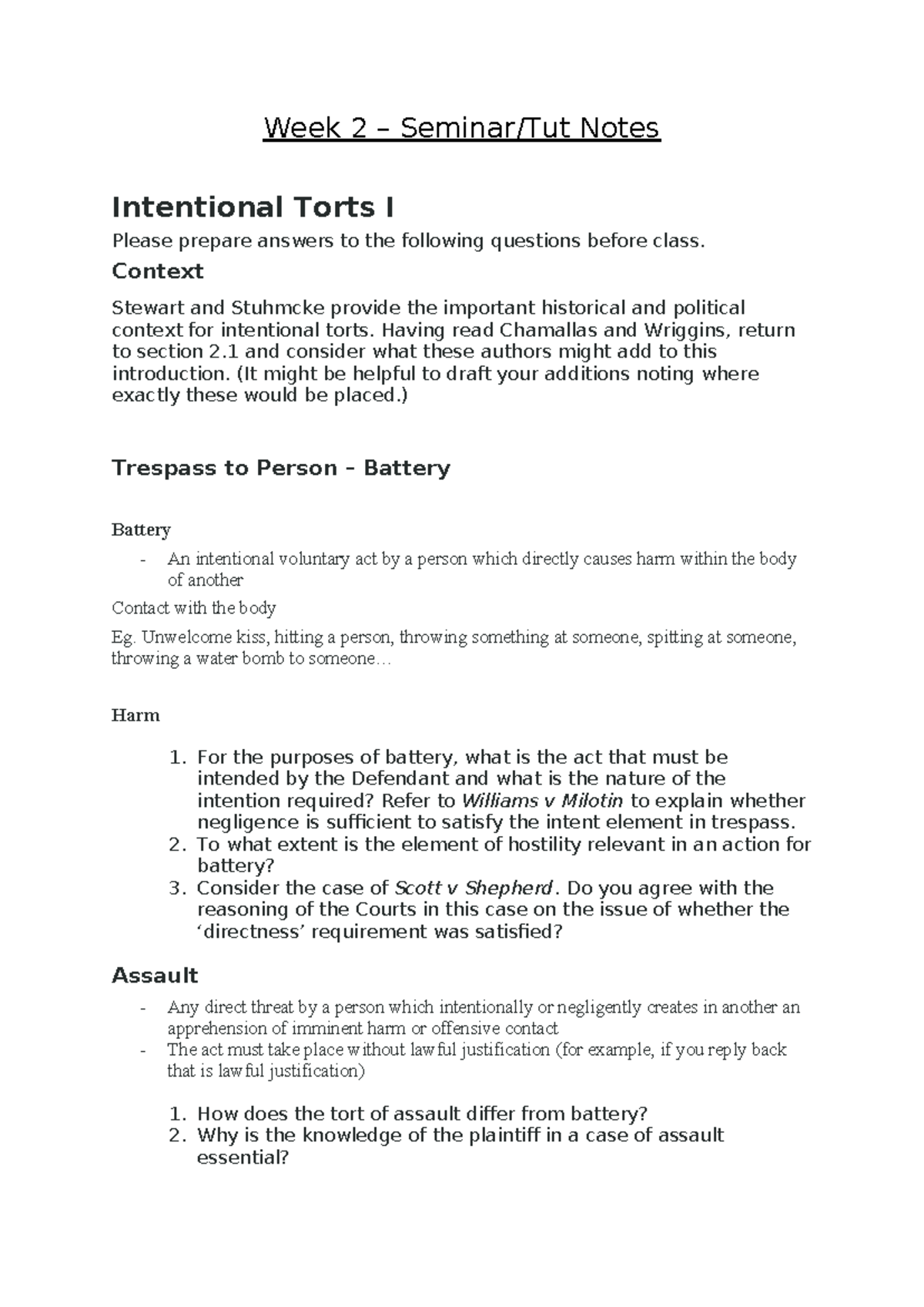 Week Two Tutorial Notes - Week 2 – Seminar/Tut Notes Intentional Torts ...
