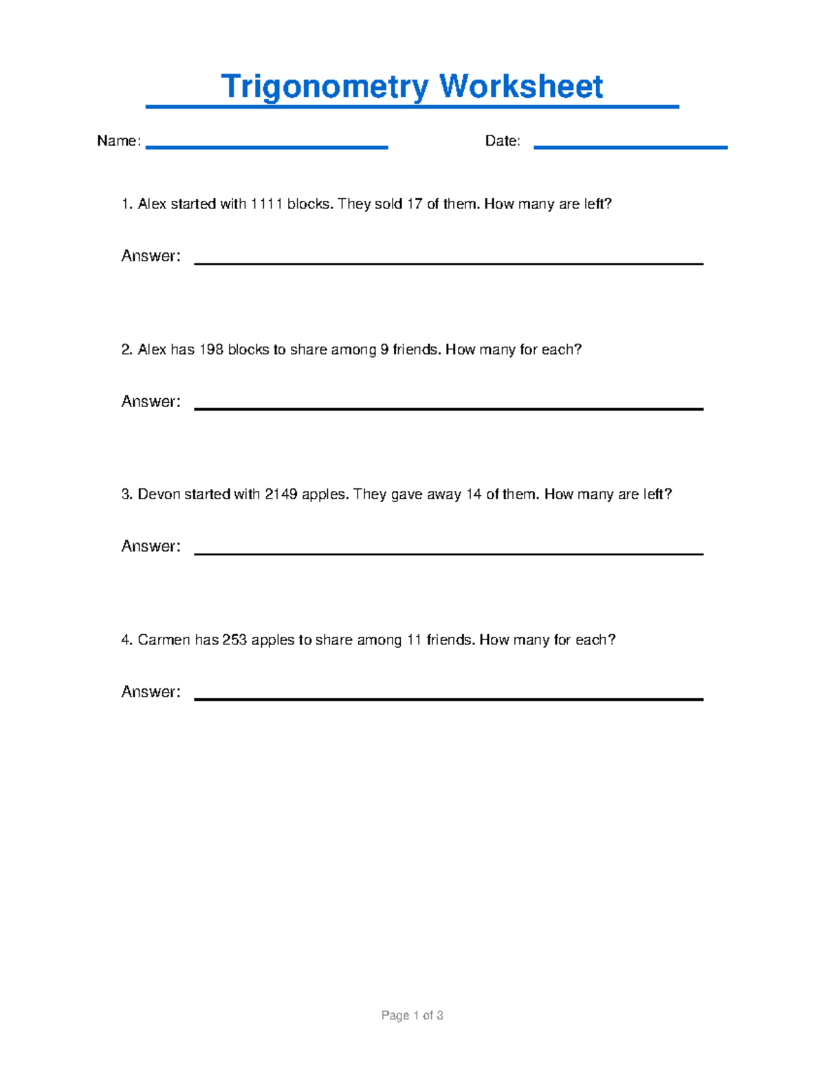 Trigonometry Worksheet 9: Problem Set and Answer Key - Studocu