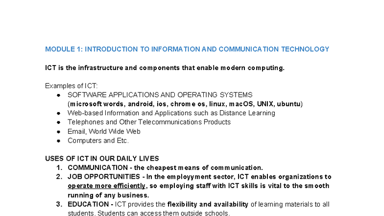 MODULE 1: INTRODUCTION TO ICT AND ITS IMPACT ON SOCIETY - Studocu