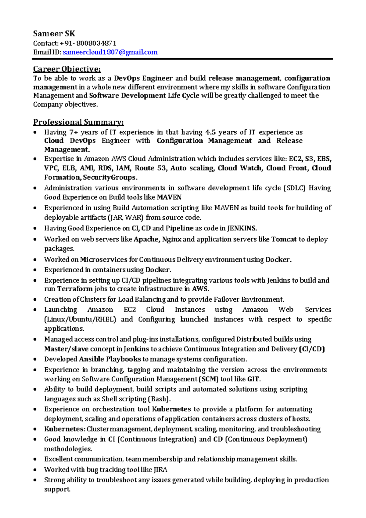 Sameer SK DevOps Engineer Resume: Skills, Experience & Projects ...