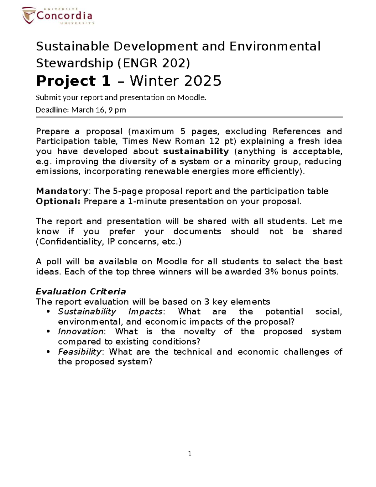 Sustainable development proposal project 1 (ENGR 202) winter 2025 - Studocu