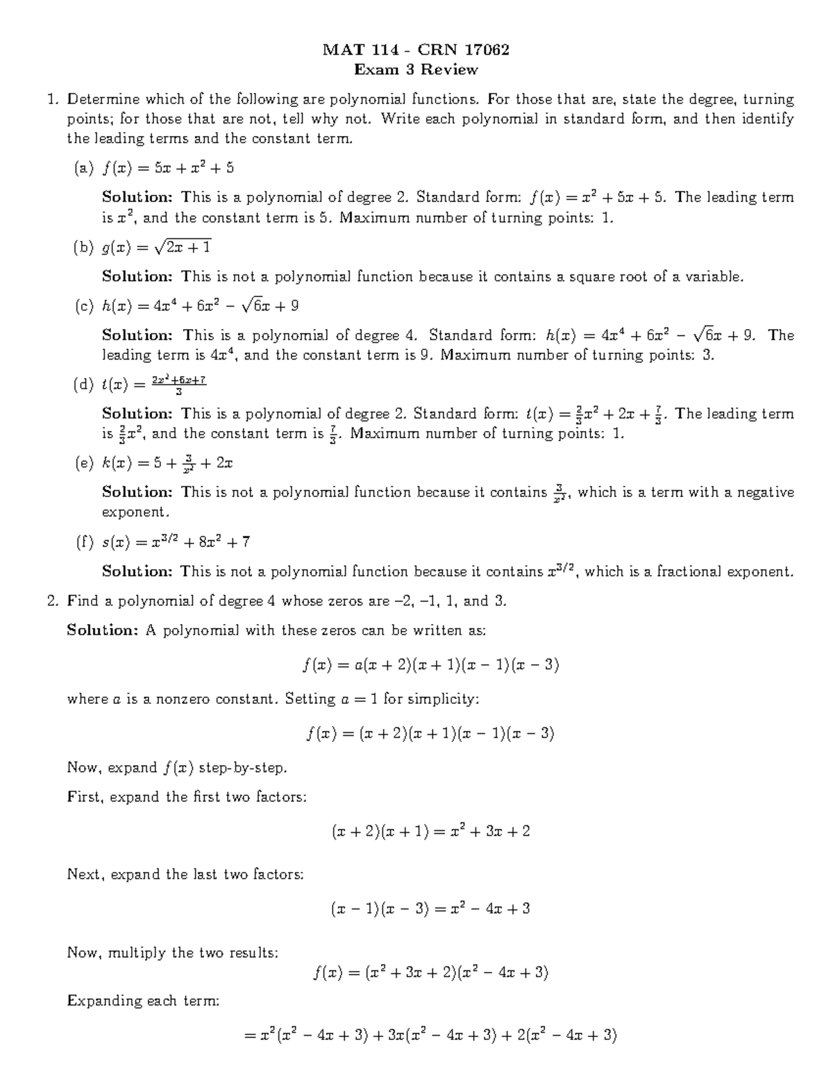 MAT 114 Exam 3 Review: Polynomials and Rational Functions Analysis ...