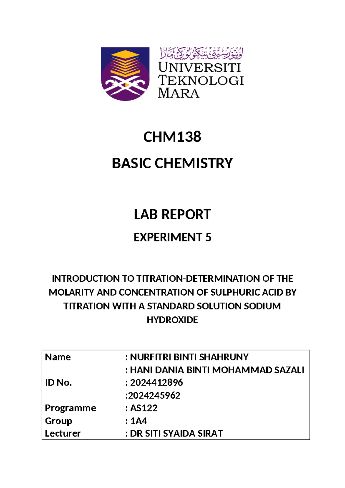 CHM138 exp 5 itiey - experiment 4 - CHM BASIC CHEMISTRY LAB REPORT ...
