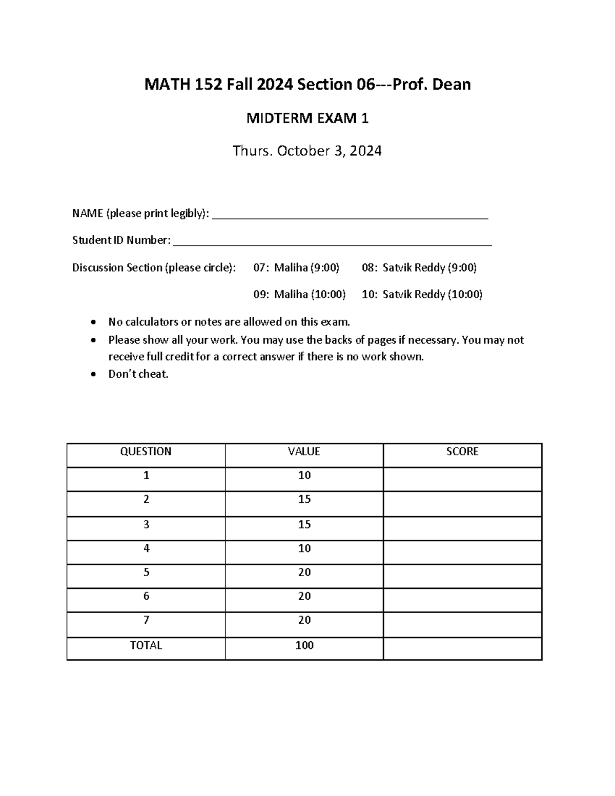 MATH 152 Fall 2024 MIDTERM EXAM 1 Practice Questions - Studocu