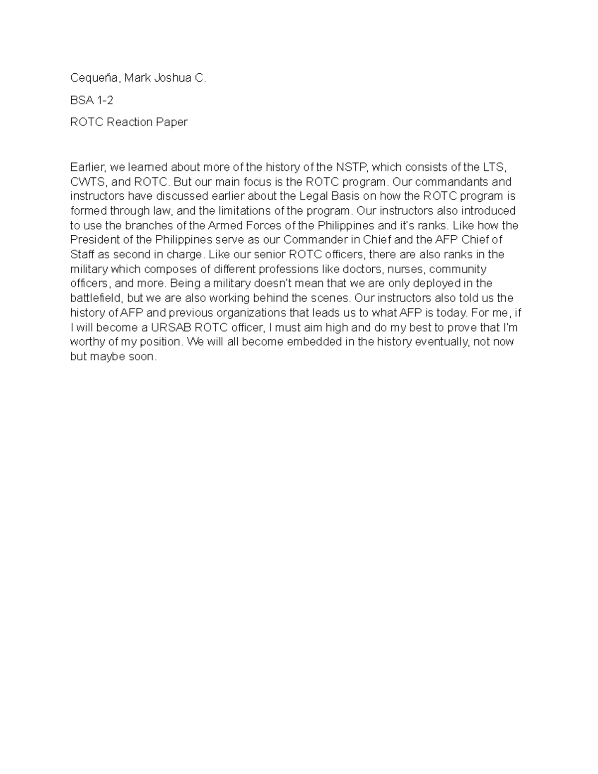 ROTC Reaction Paper - Grade: A - Reserve Officers Training Course - Studocu