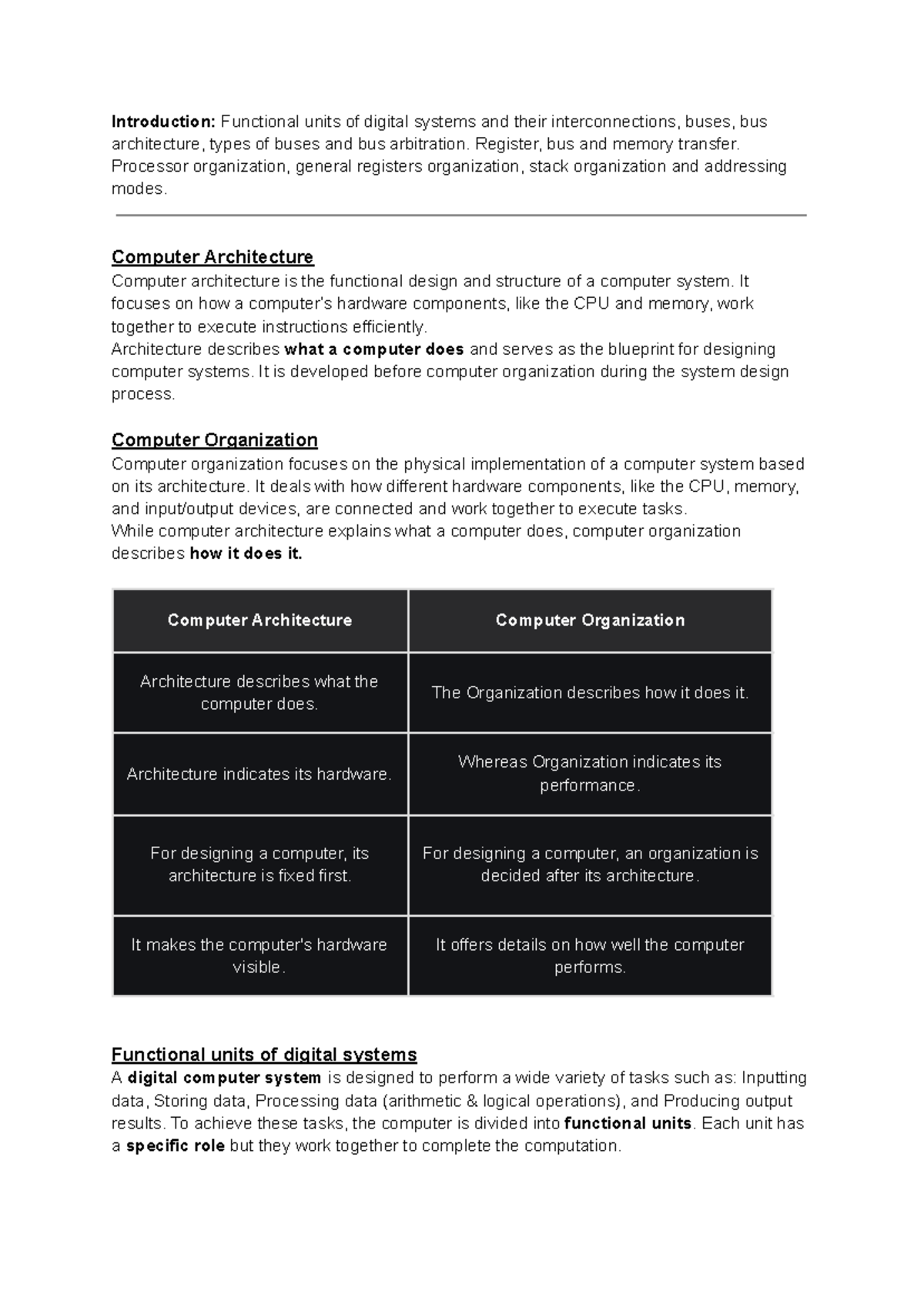Unit-1(COA) - Functional Units and Architecture of Digital Systems - Document Preview