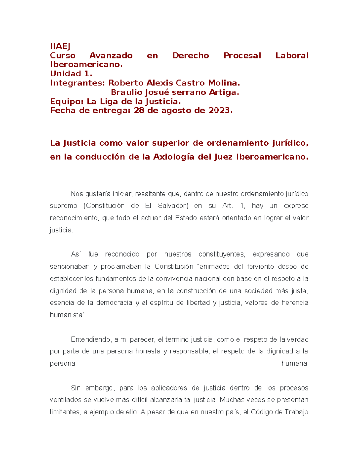 Ensayo Grupal: Justicia en el Derecho Procesal Laboral (IIAEJ) - Studocu