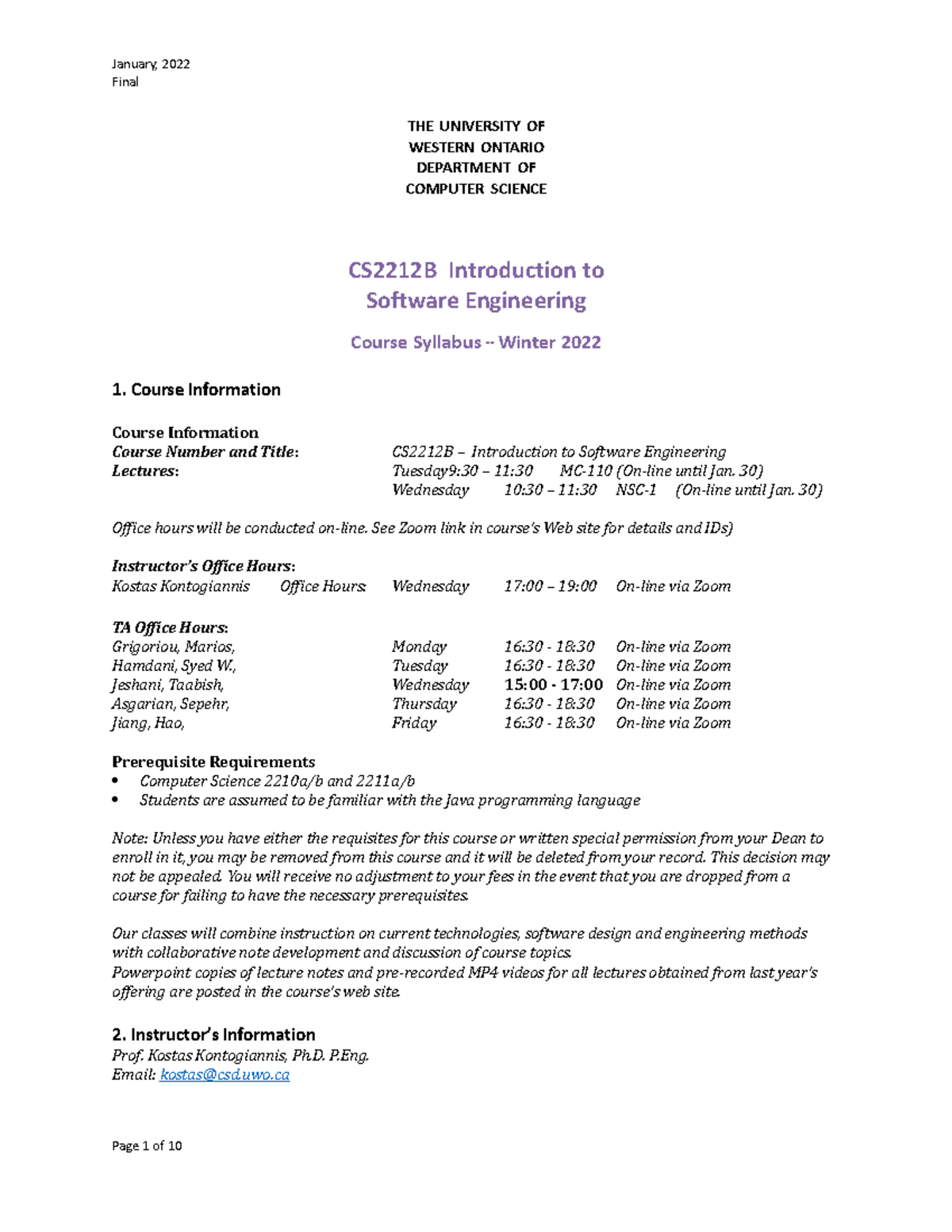 CS2212B-Course Syllabus for Introduction to Software Engineering ...