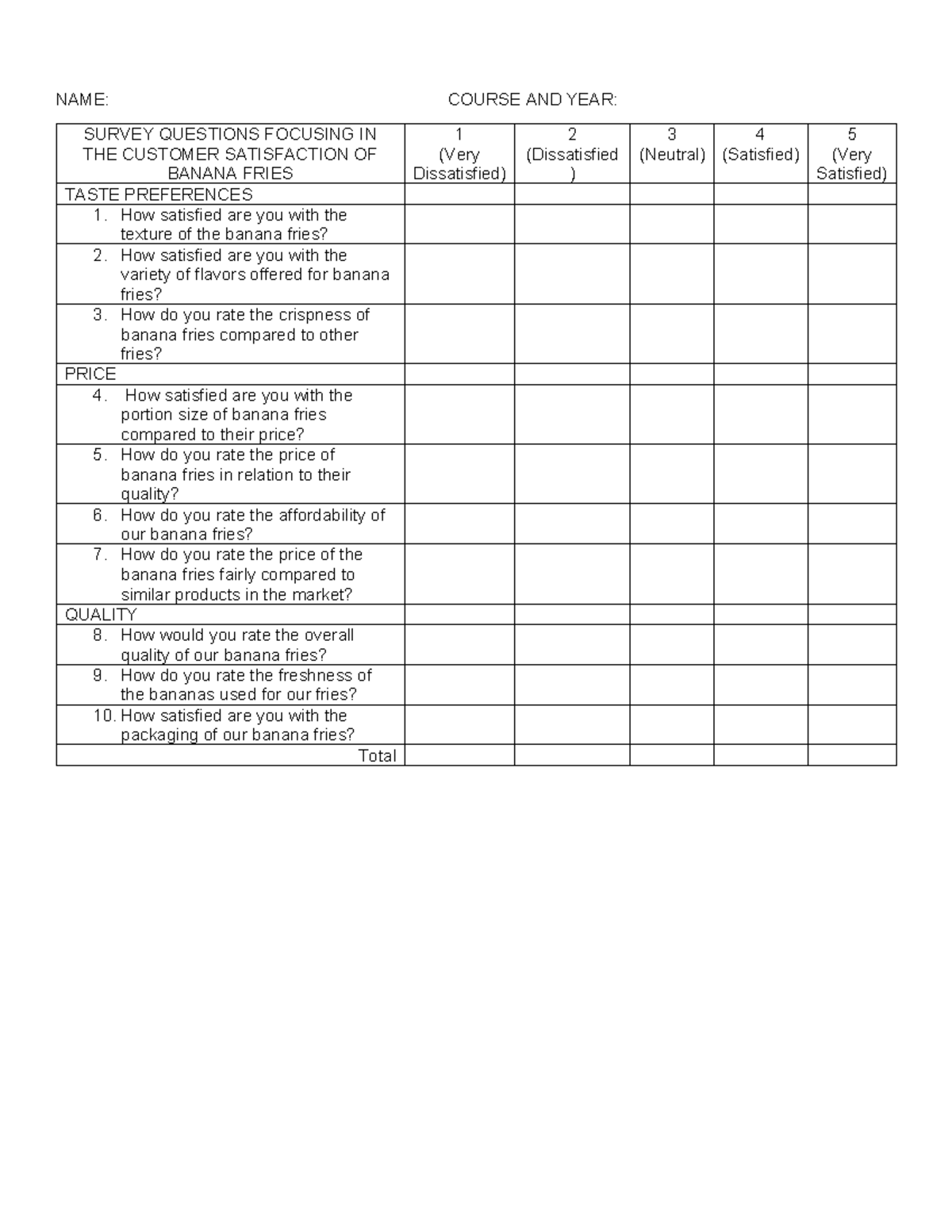 B87 10 Survey Questions Banana Fries - NAME: COURSE AND YEAR: SURVEY ...