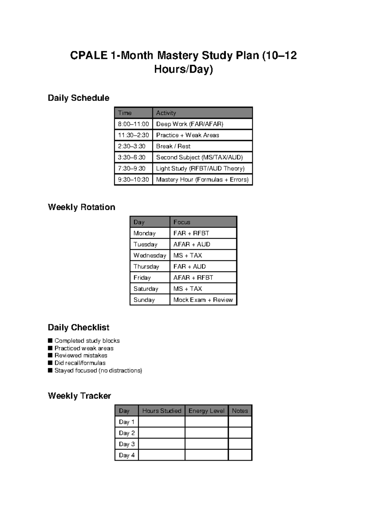 Cpale Styled Study Plan - CPALE 1-Month Mastery Study Plan (10– Hours ...