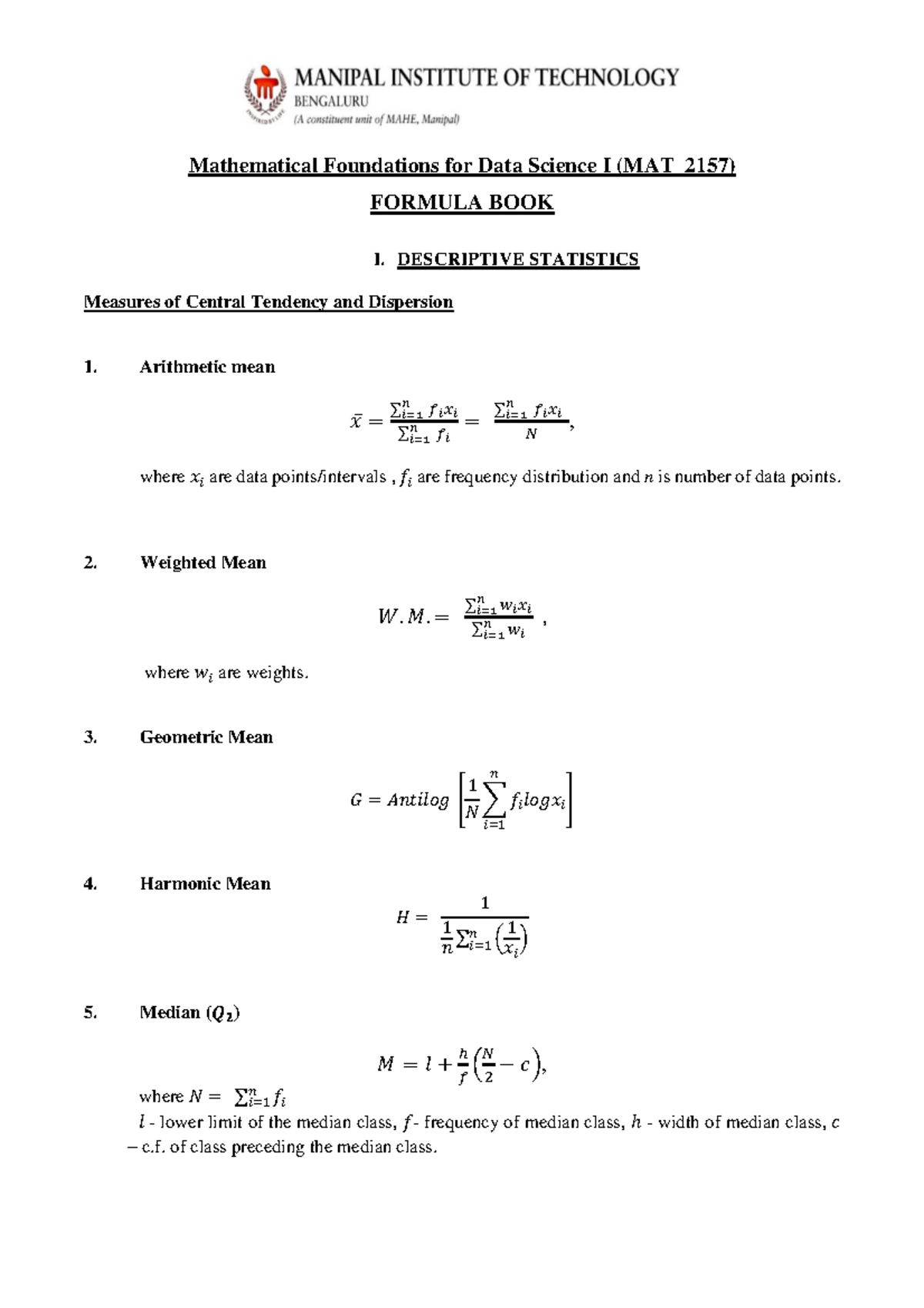 Final Formula Sheet MFDS I B.tech CSE(DS) - Mathematical Foundations ...