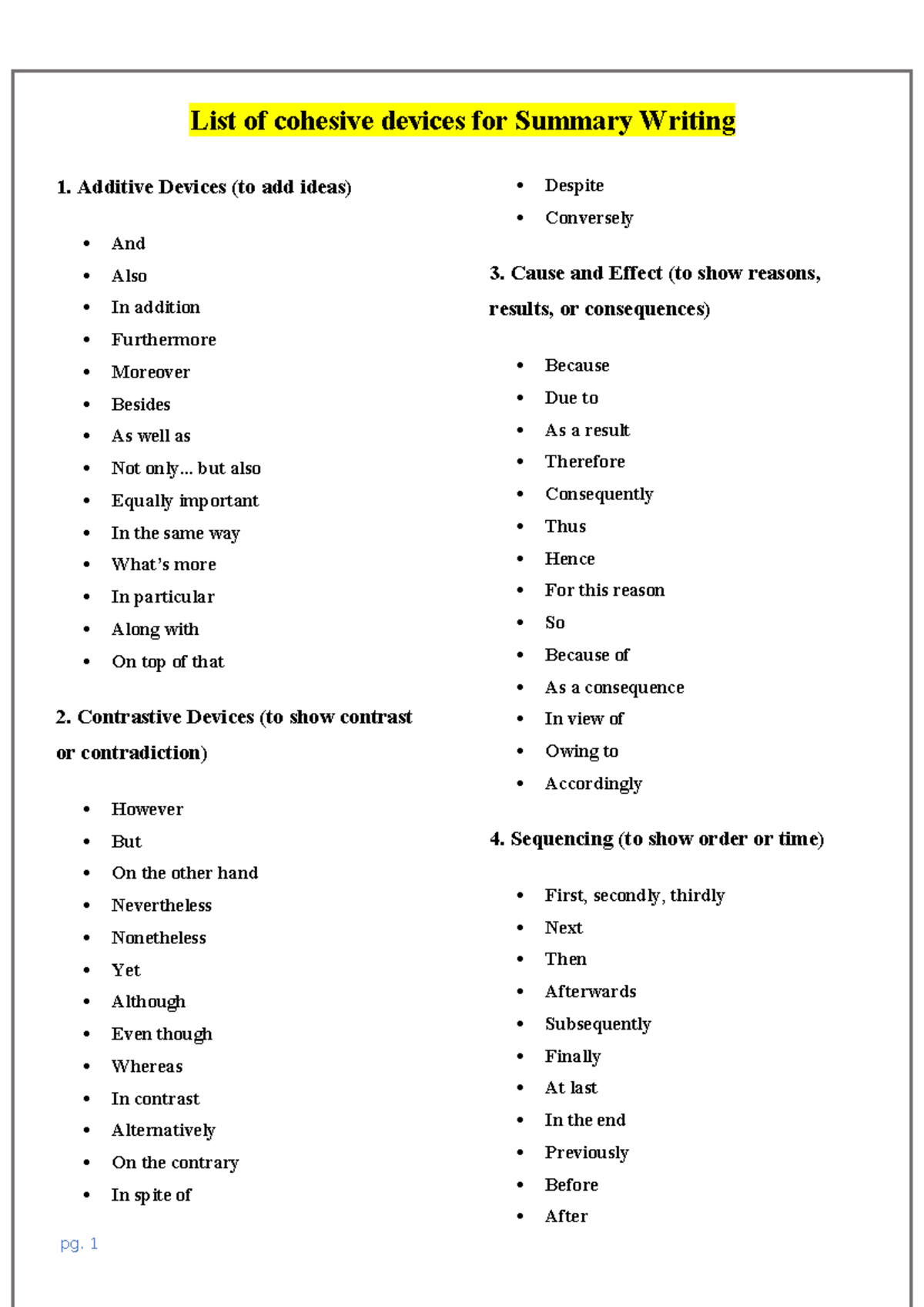 Cohesive Devices for Effective Summary Writing - High Level Guide - Studocu