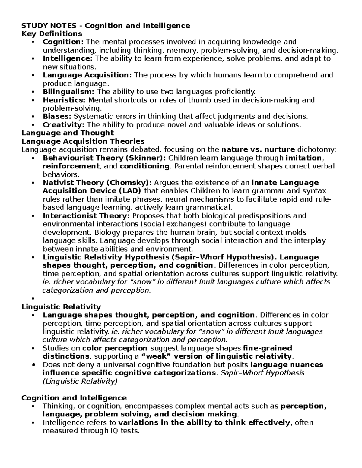 Study Notes CH8: Cognition and Intelligence Key Concepts - Studocu