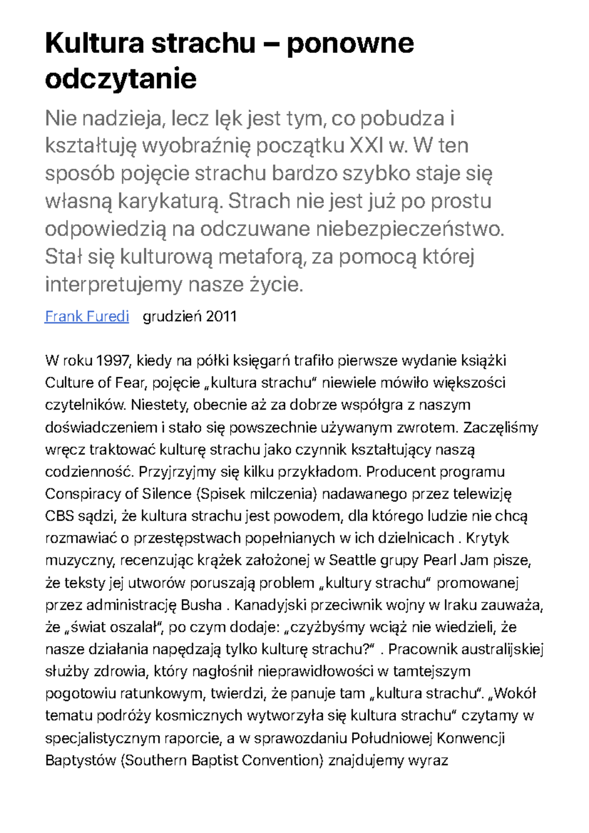 Kultura strachu: Analiza wpływu lęku na wyobraźnię XXI wieku - Studocu