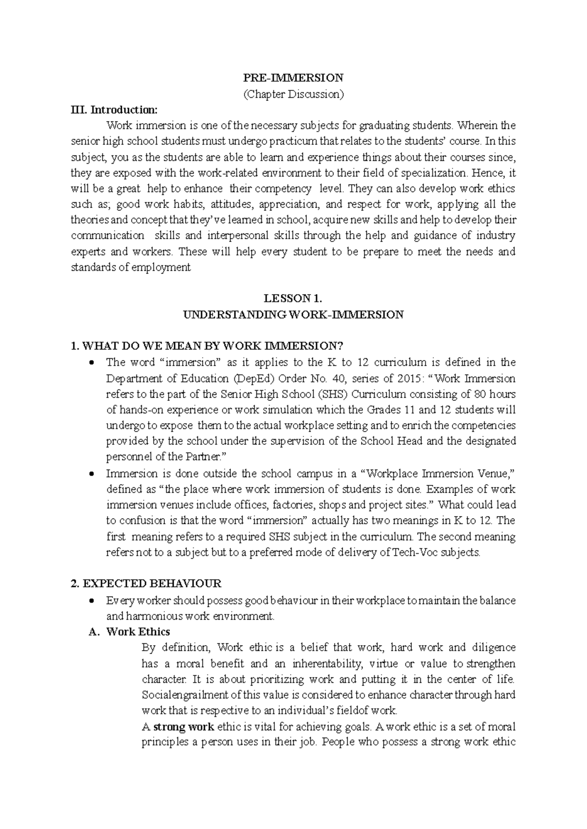 (Chapter Discussion) Work Immersion: Understanding and Best Practices ...