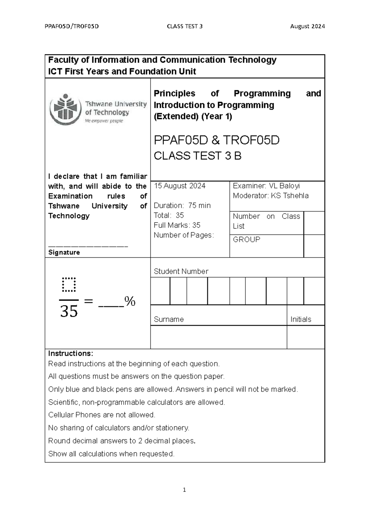 CLASS TEST 3 PPAF05D TROF05D - Principles of Programming 2024 - Studocu