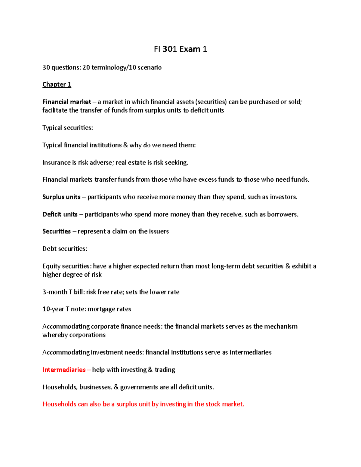FI 301 Midterm Exam 1 Study Guide - Financial Markets & Theories - Studocu