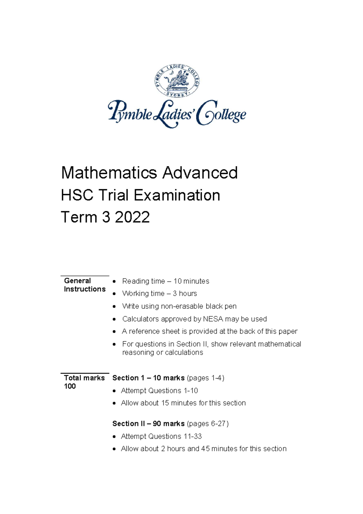 Advanced Mathematics HSC Trial Exam 2022 - Term 3 - Studocu