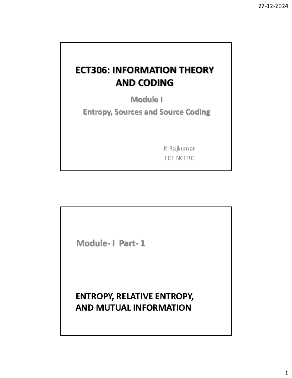 ECT306 Information Theory Module-I Part-1 Notes (Dec 2024) - Studocu