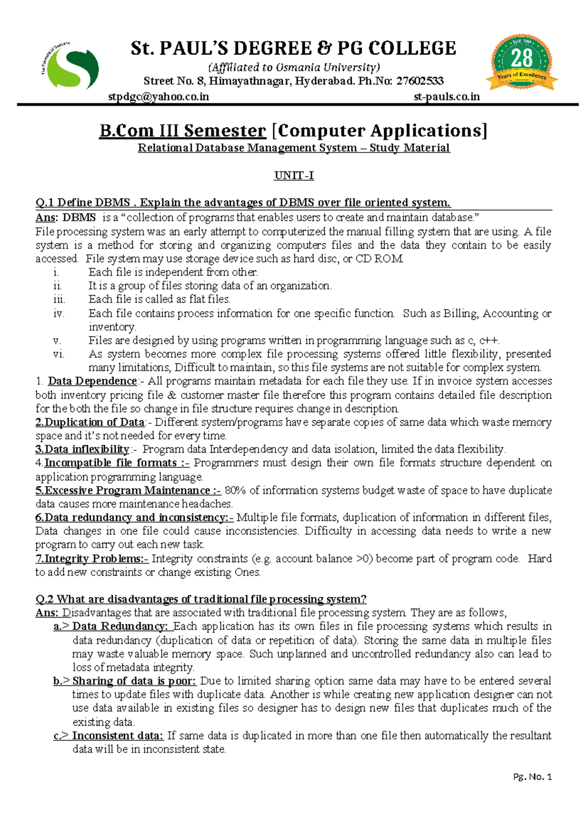 Rdbms SEM III - unit wise questions - St. PAUL’S DEGREE & PG COLLEGE ...