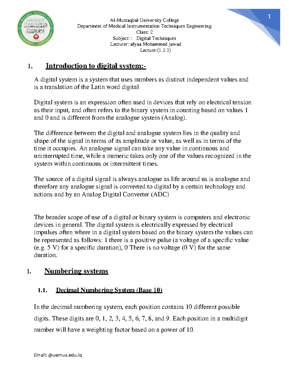 Digital Techniques Lecture Notes (Class 2) - MUCLecture 2022 - Studocu