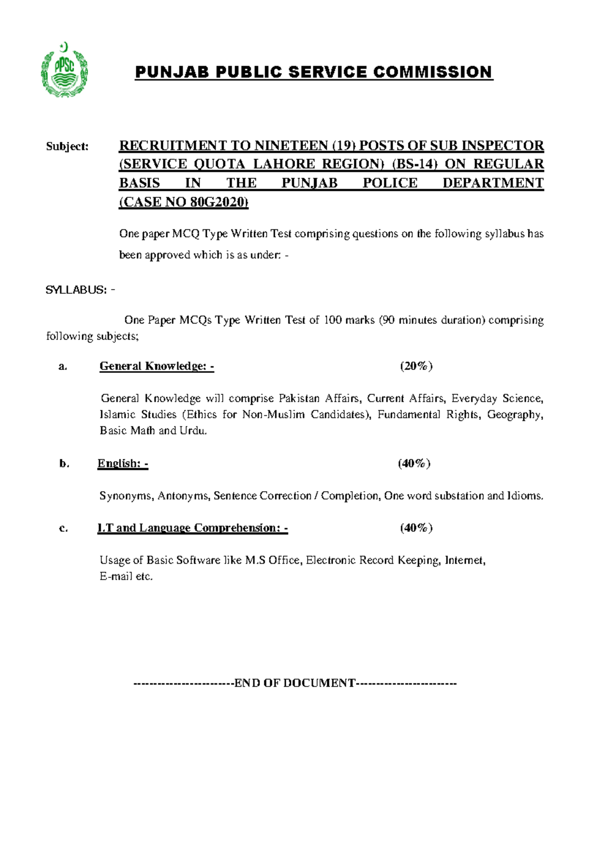 Syllabus Overview (80G2020) - Sub Inspector Recruitment Test - Studocu