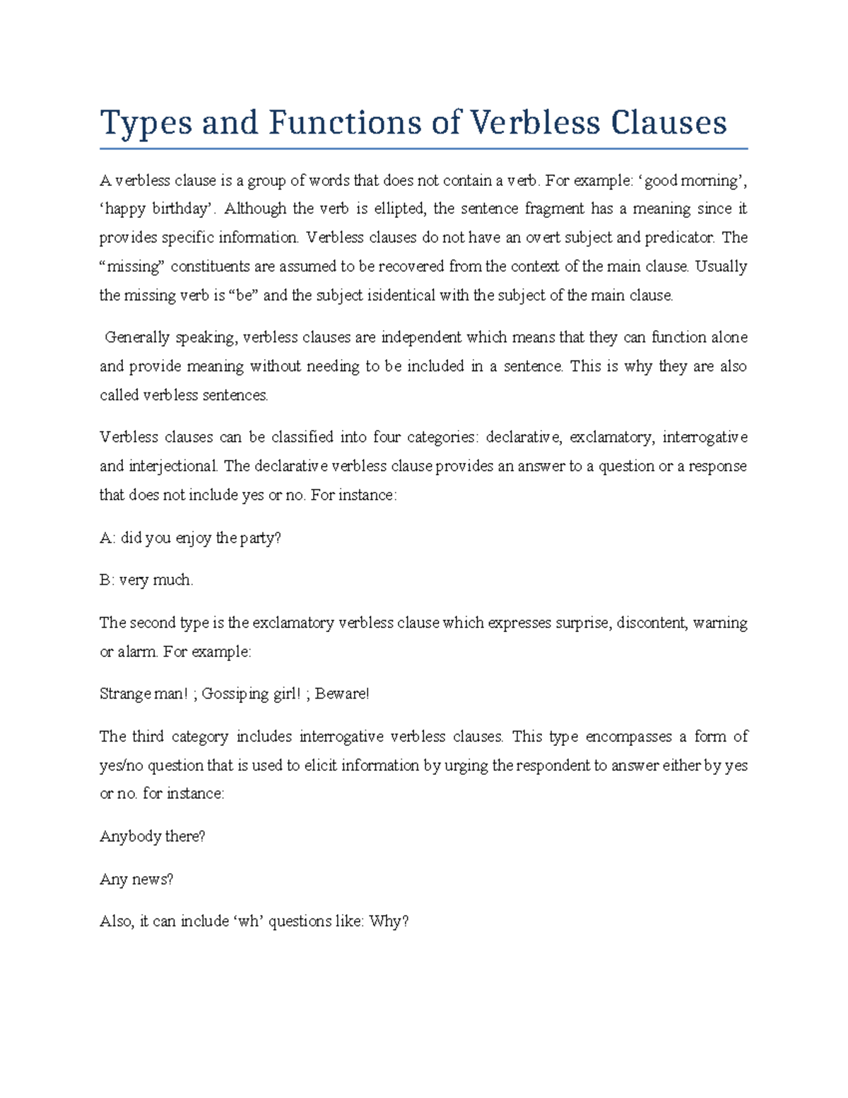 Types and Functions of Verbless Clauses: An In-depth Analysis - Studocu