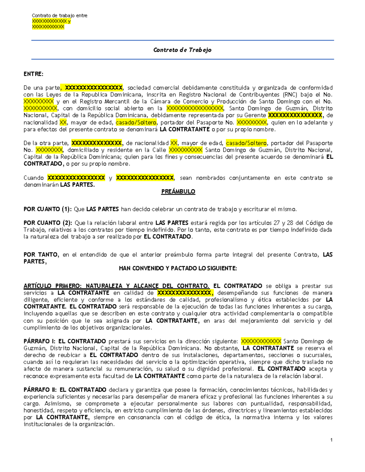 Modelo de Contrato de Trabajo 2025 - República Dominicana - Document Preview