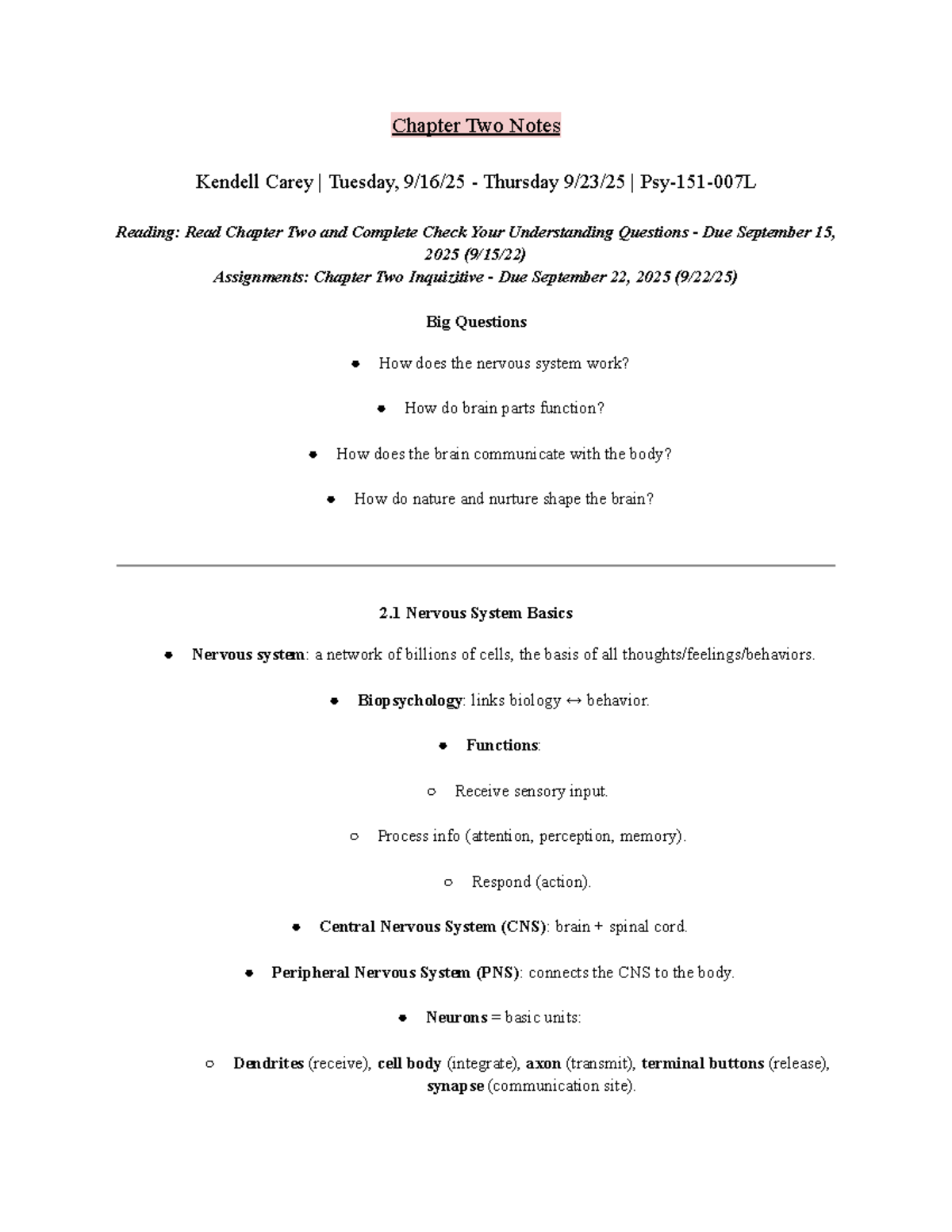 Psychology Chapter Two Notes: Nervous System & Brain Function - Psy-151 ...