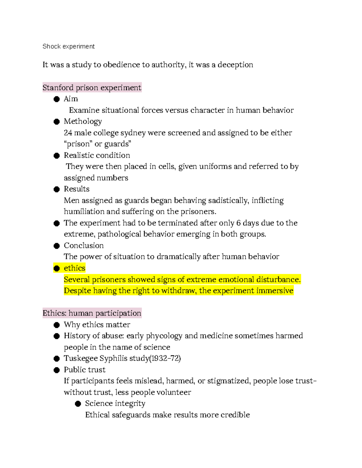 PSY101: Shock Experiment and Ethical Considerations in Psychology - Studocu