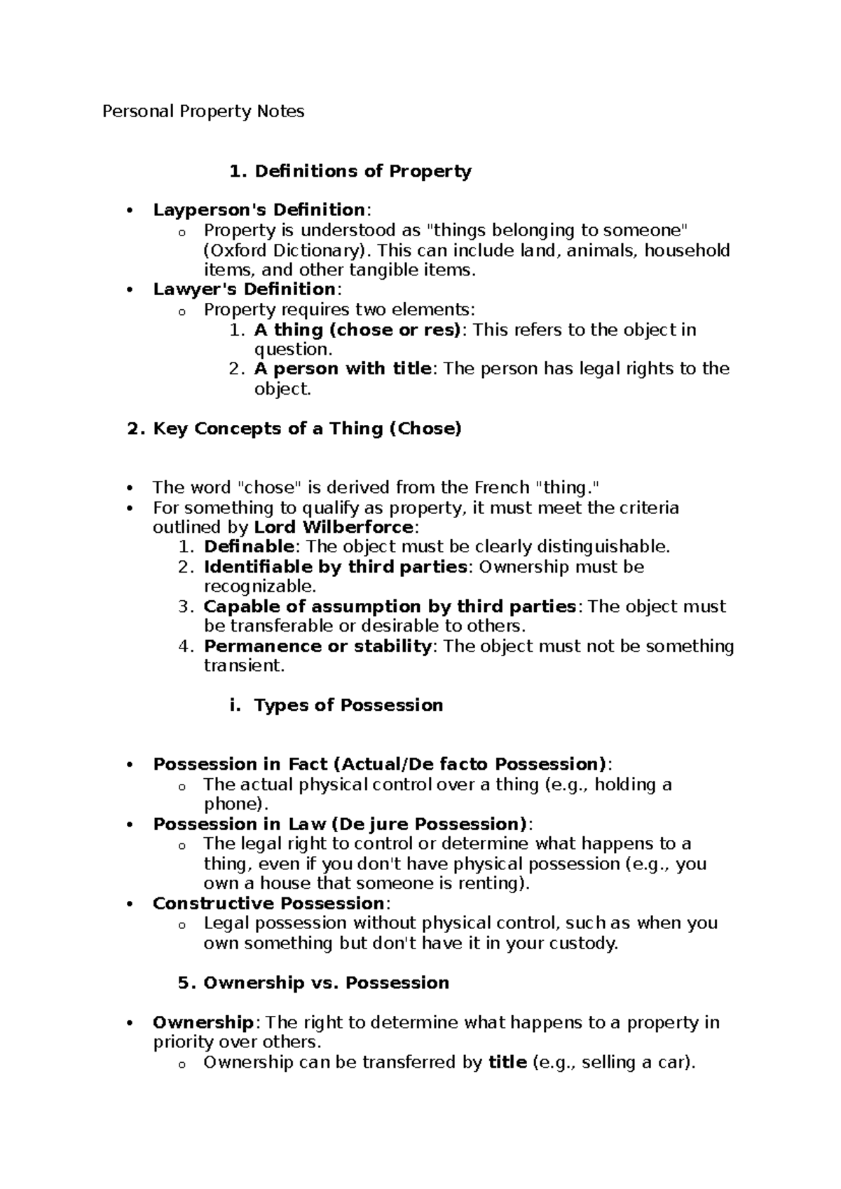 LAW 101 Personal Property Lecture Notes: Key Concepts & Definitions ...