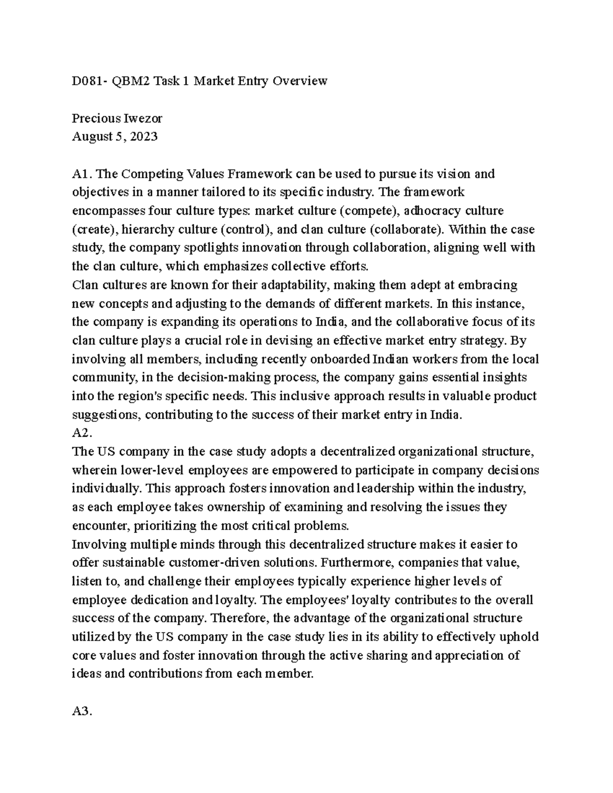 D081 - QBM2 Task 1: Market Entry Strategy for India - Studocu