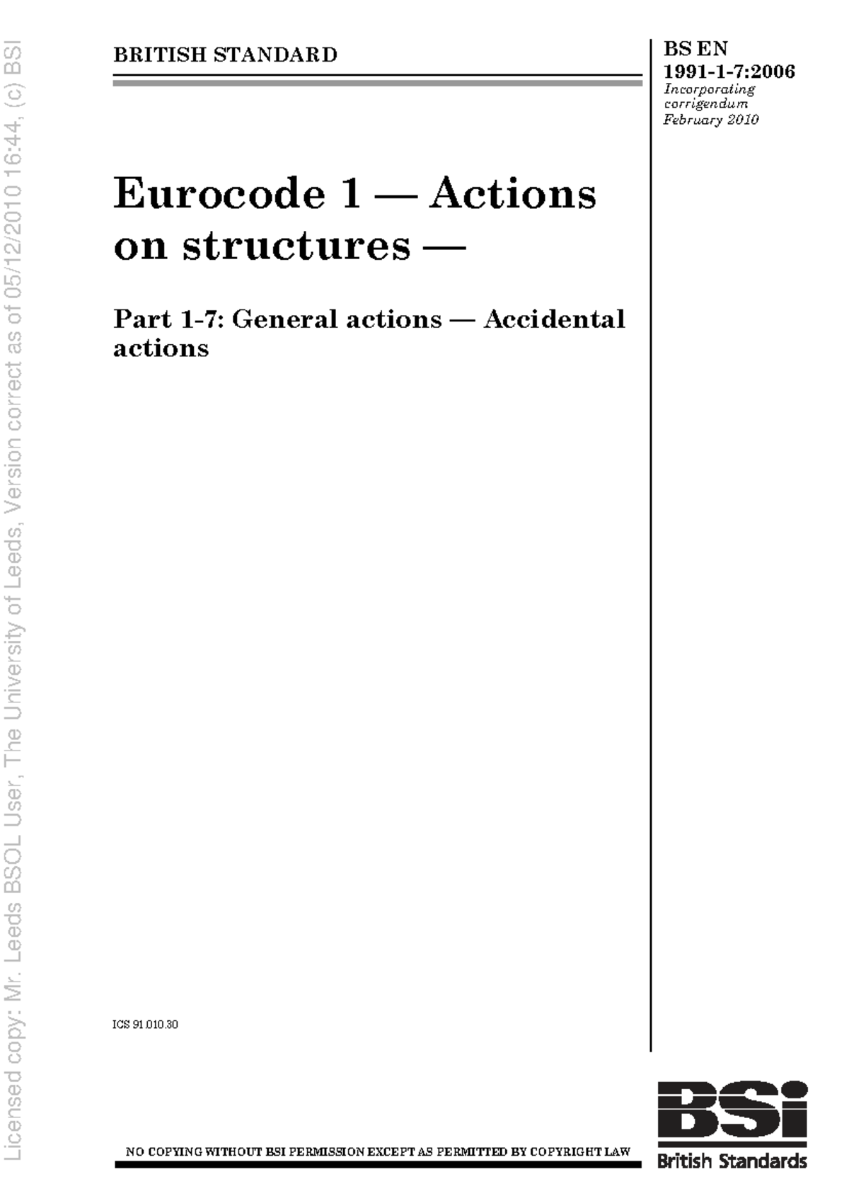 BS EN 1991-1-7:2006 Eurocode 1 - Accidental Actions on Structures - Studocu