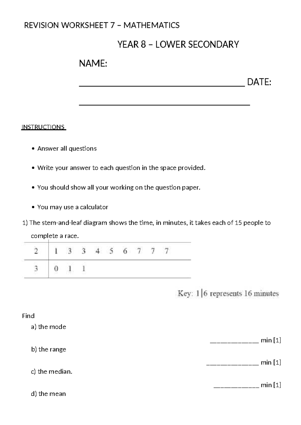 YEAR 8 Mathematics Revision Worksheet 7 - May 2026 - Studocu