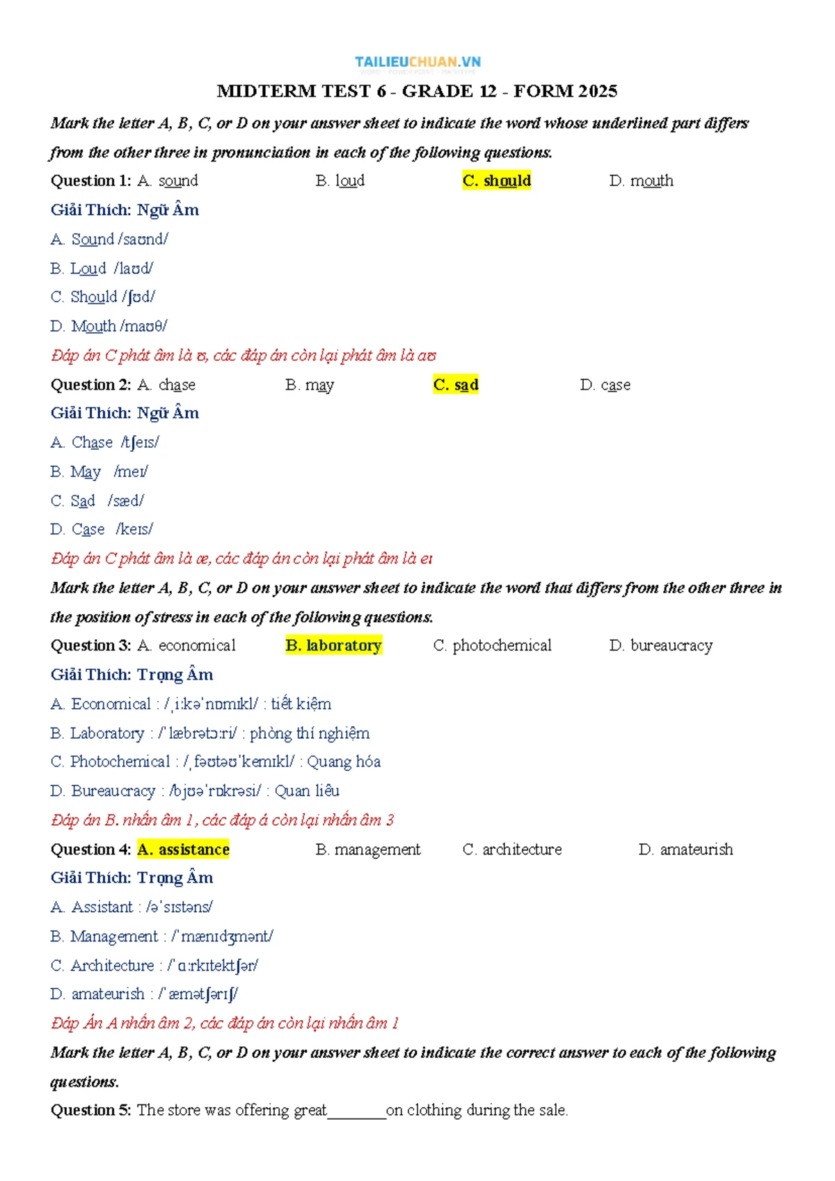 Midterm TEST 7 - GRADE 12 - Form 2025: Detailed Solutions - Studocu