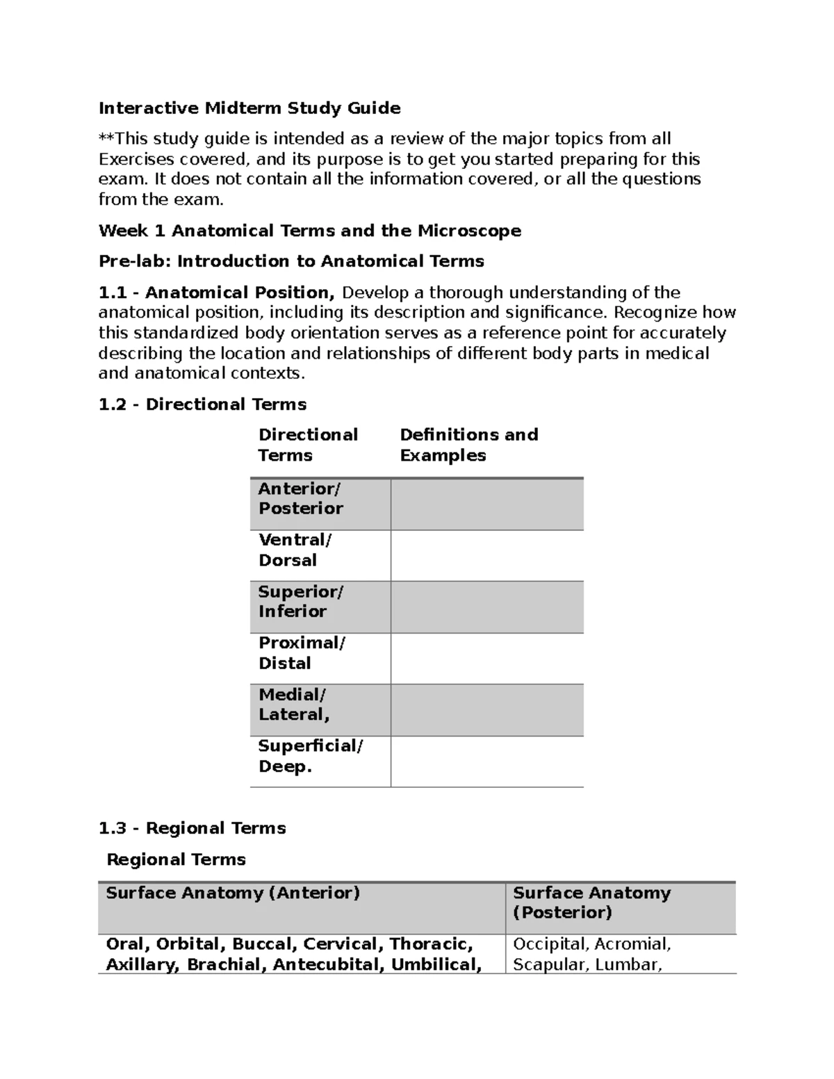 BIOL 2401 Anatomy and Physiology 1 Interactive Midterm Study Guide ...