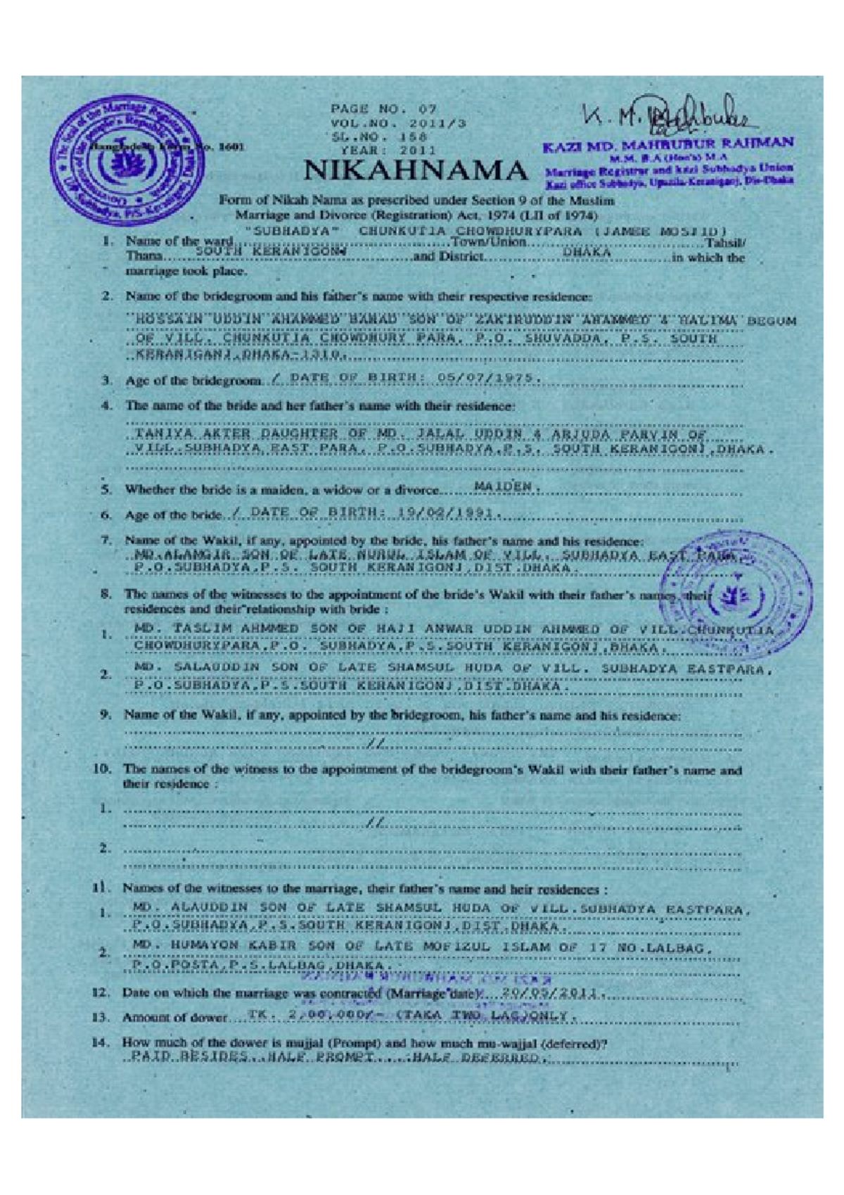 Nikah Nama Form - Marriage Registration Details (2011) - Studocu