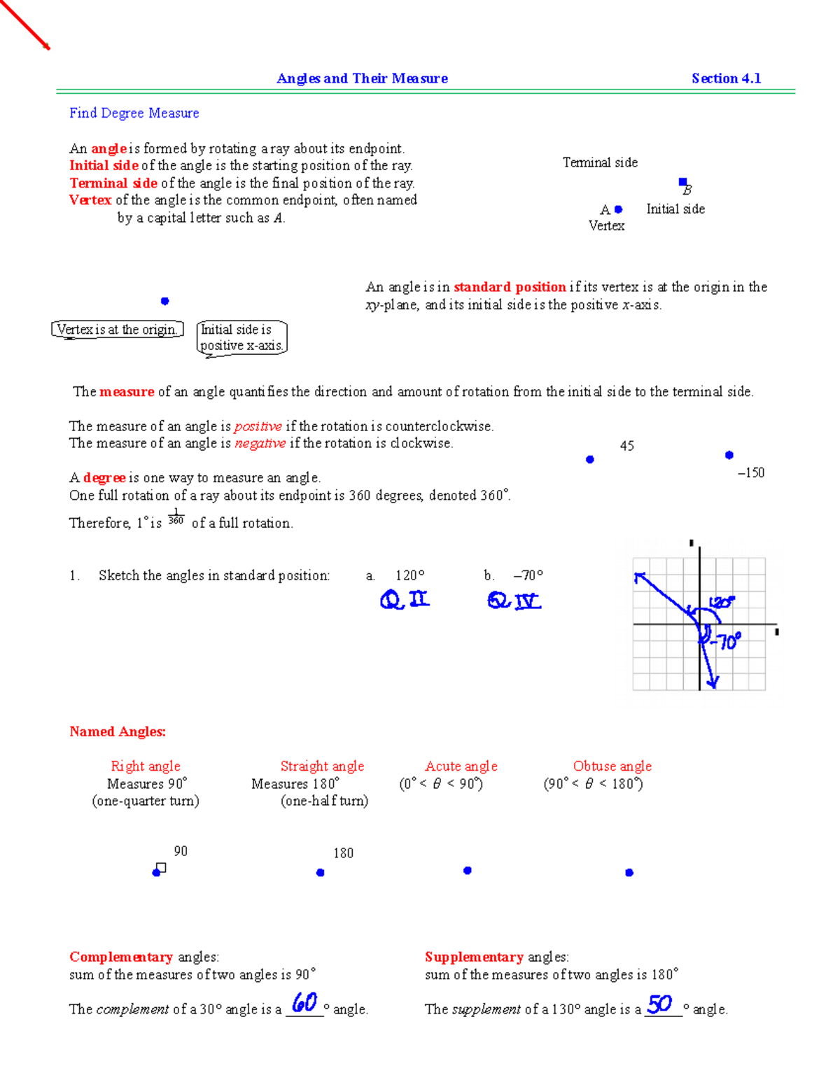 PC LEC 4.1 Angle Measures and Radian Calculations - Lecture Notes 4.1 ...