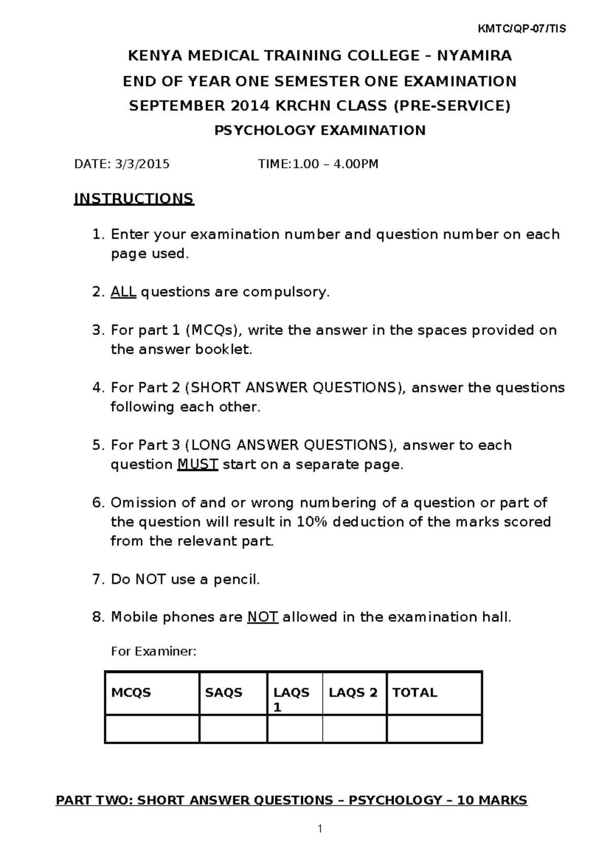 KENYA MEDICAL TRAINING COLLEGE PSYCHOLOGY LECTURE NOTES - Studocu