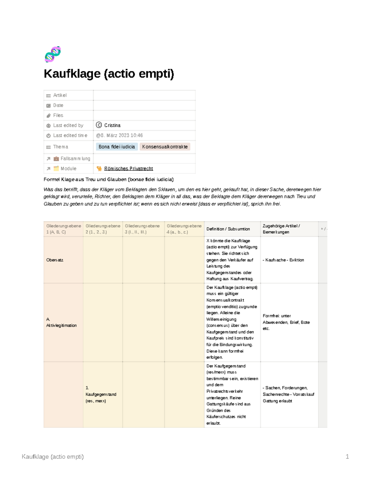 Kaufklage (actio empti) - Behandlung der Konsensualverträge - Studocu