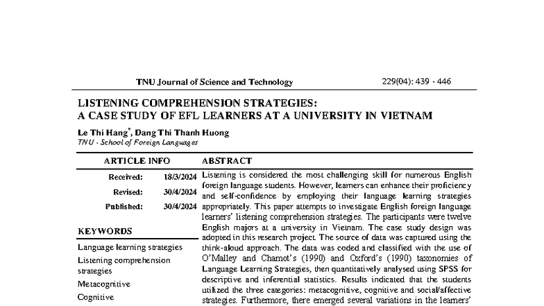 Listening Comprehension Strategies: A Case Study of EFL Learners at TNU ...