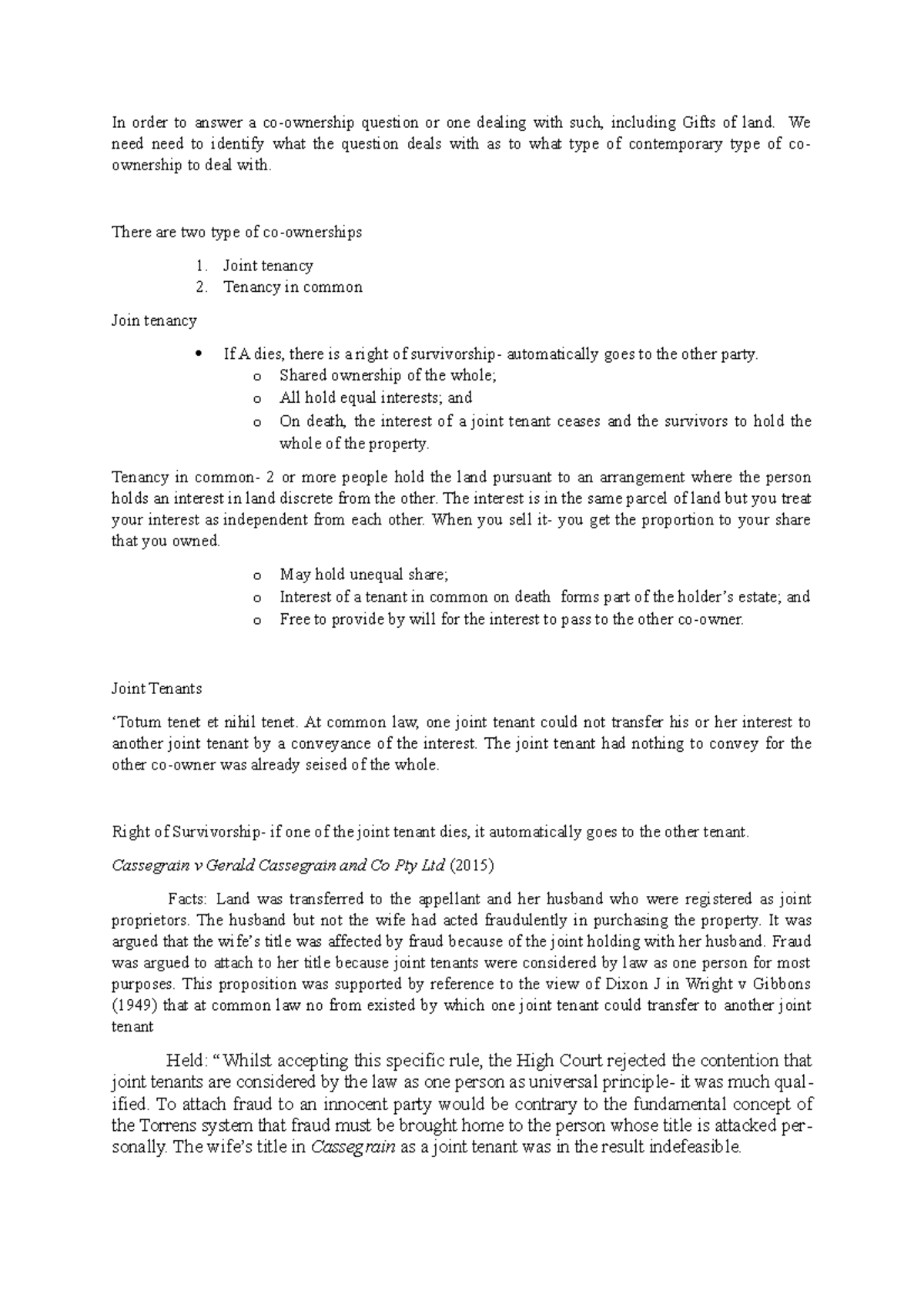 Co-Ownership: Joint Tenancy vs Tenancy in Common - Key Concepts - Studocu