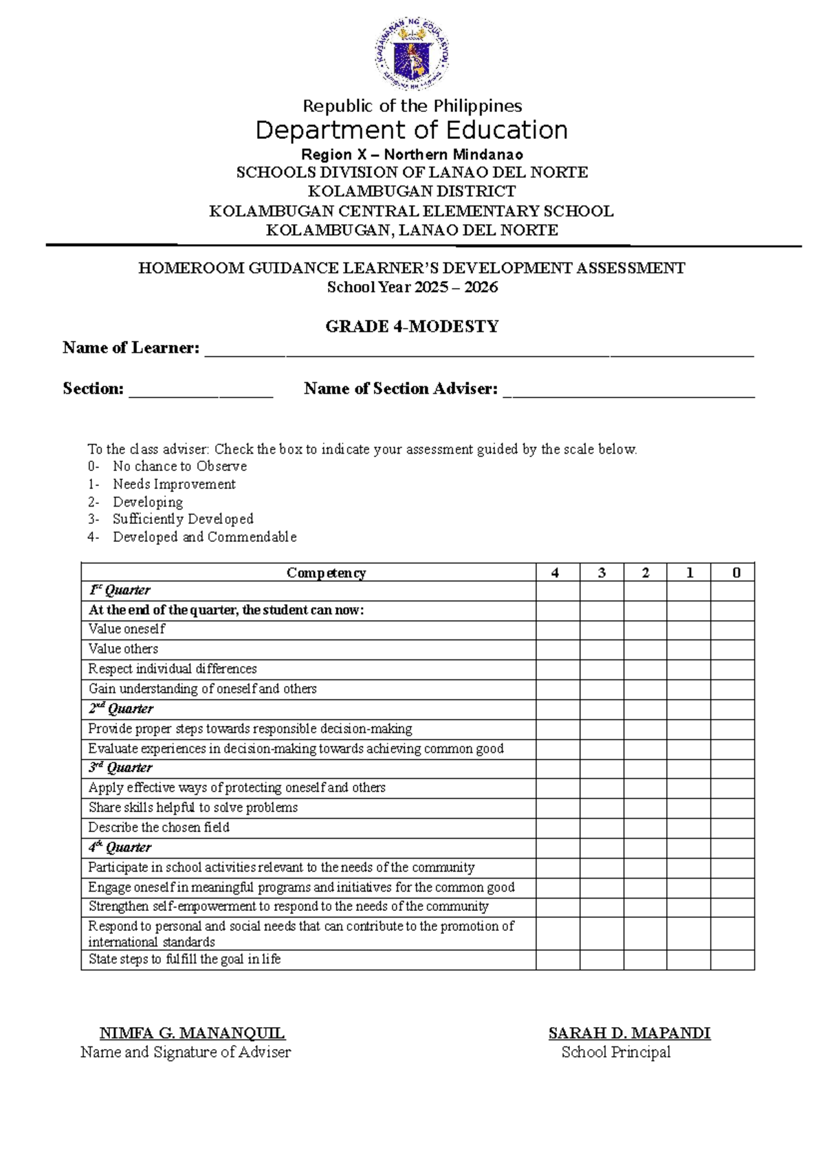Homeroom Guidance Development Assessment SY 2025-2026 - Document Preview