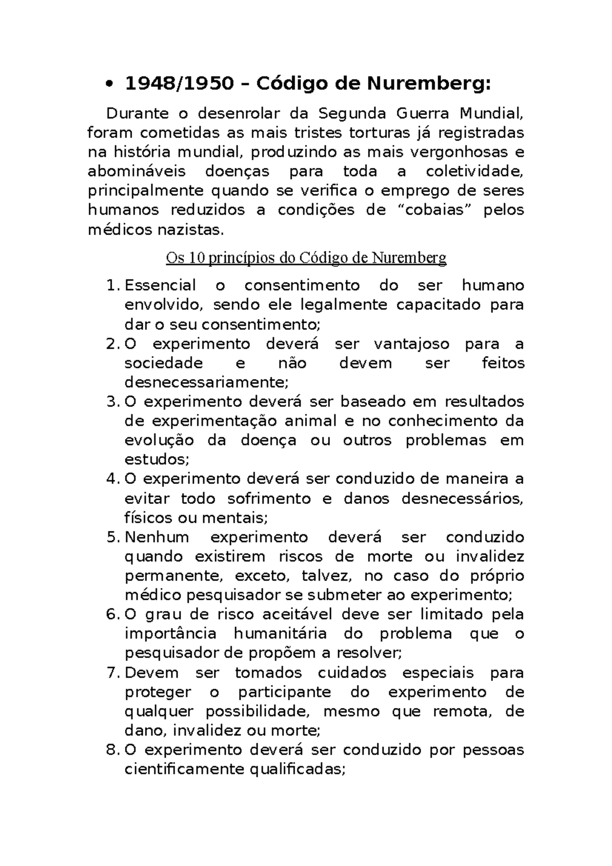 Resumo dos Princípios do Código de Nuremberg - Studocu
