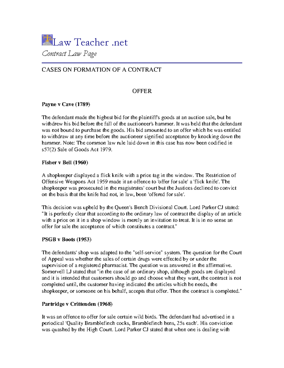 Law 101: Lecture Notes on Offer Cases in Contract Law - Studocu