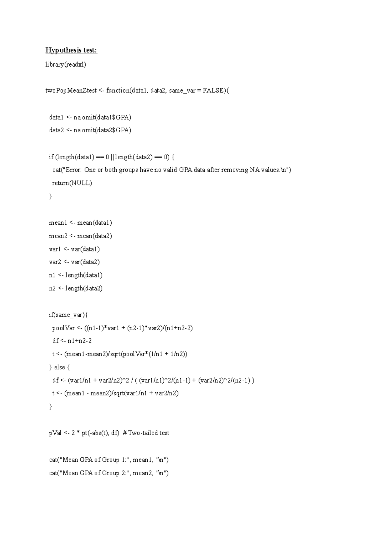 R Script - Hypothesis Testing for Two Population Means (Stat 101) - Studocu